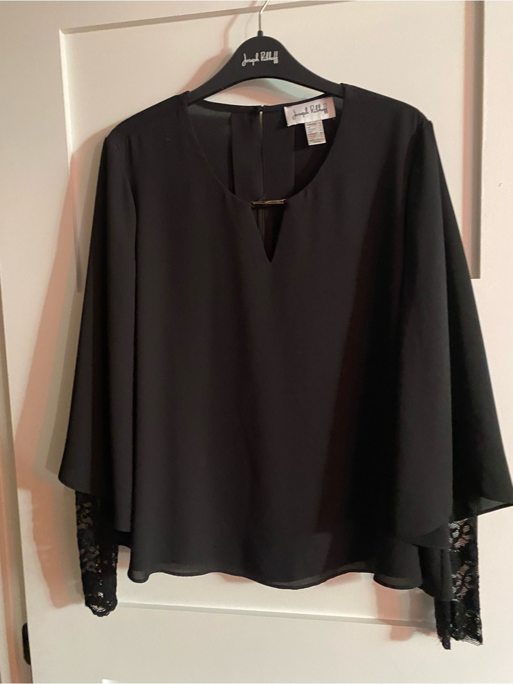 Joseph Ribkoff Black Blouse with Lace Cuff and Gold Bar Detail